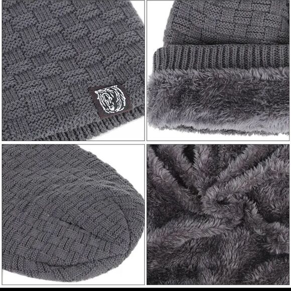 Gray knit slouchy beanie hat Thick soft fur lining unisex cap - Picture 2 of 5